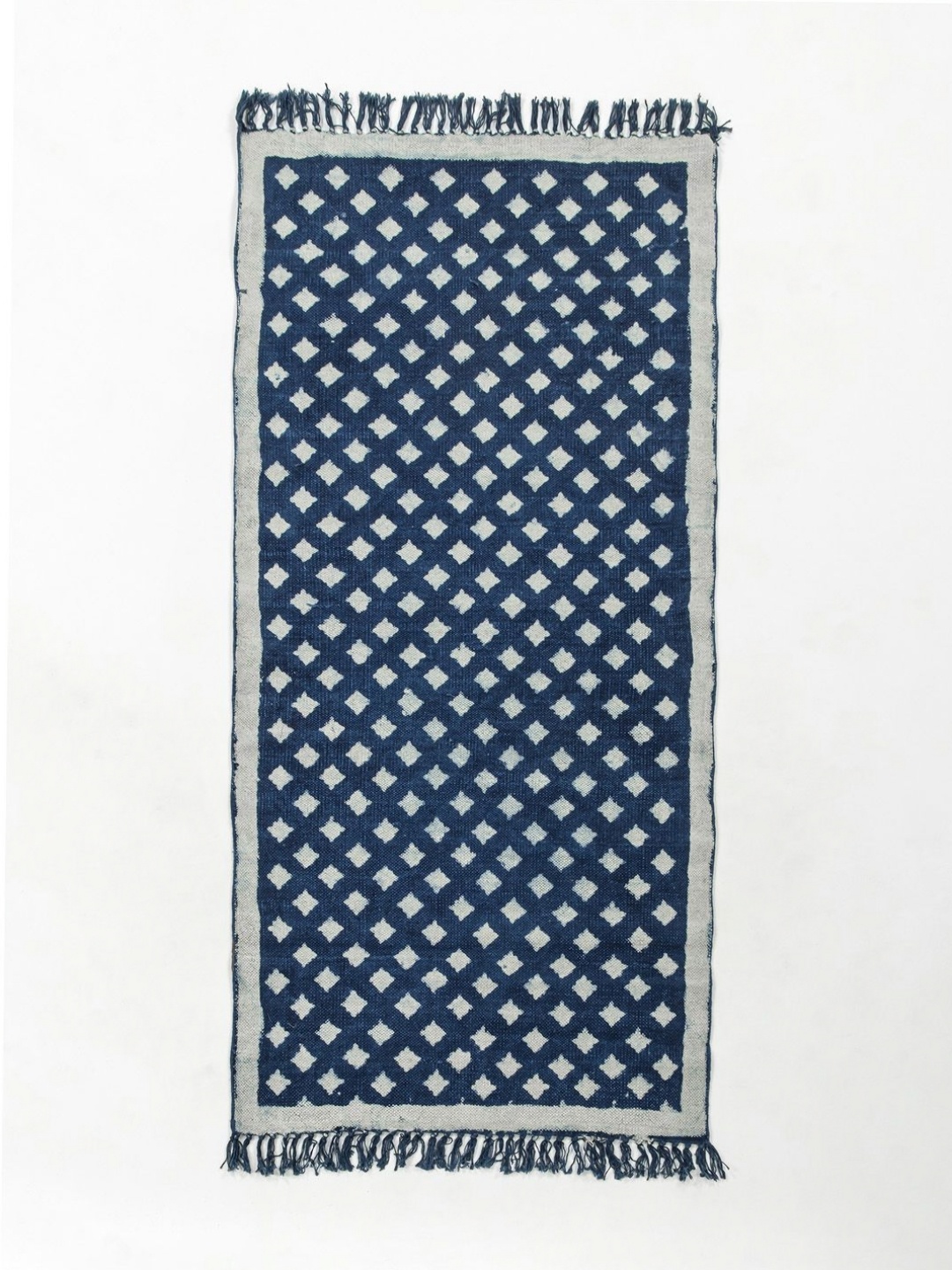 

Fabindia Blue & White Geometric Printed Tasselled Dhurries