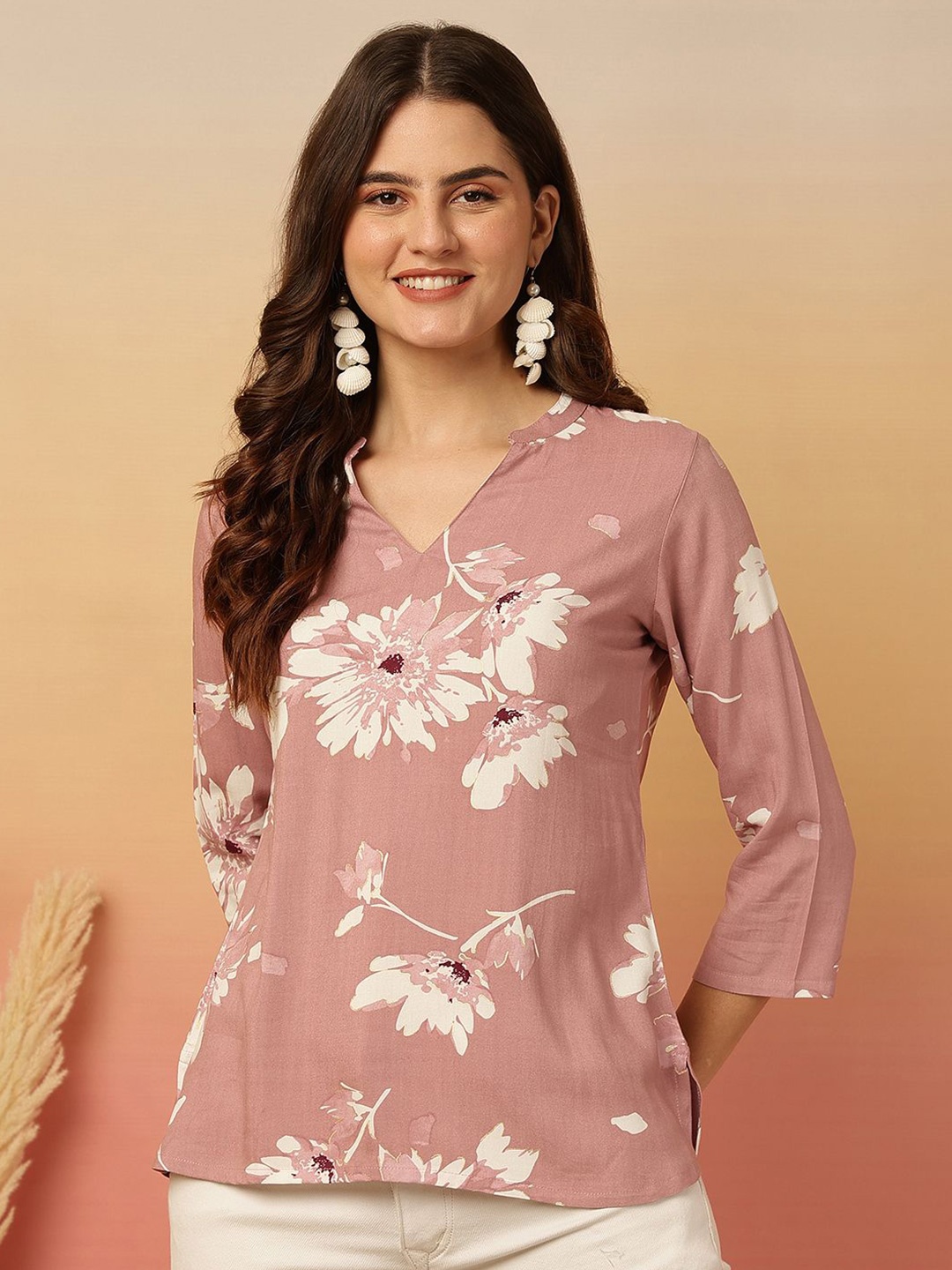 

Anouk Rustic Floral Print Mandarin Collar Top, Pink