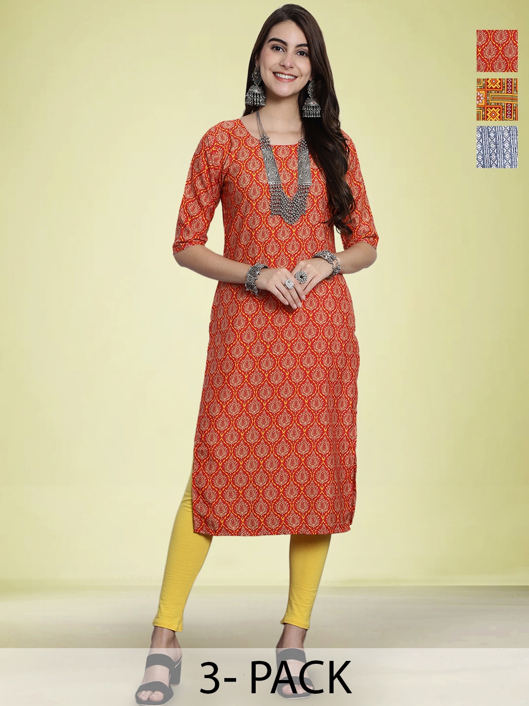 

Moda Rapido Selection Of 3 Ethnic Motifs Printed Round Neck Straight Kurtas, Orange