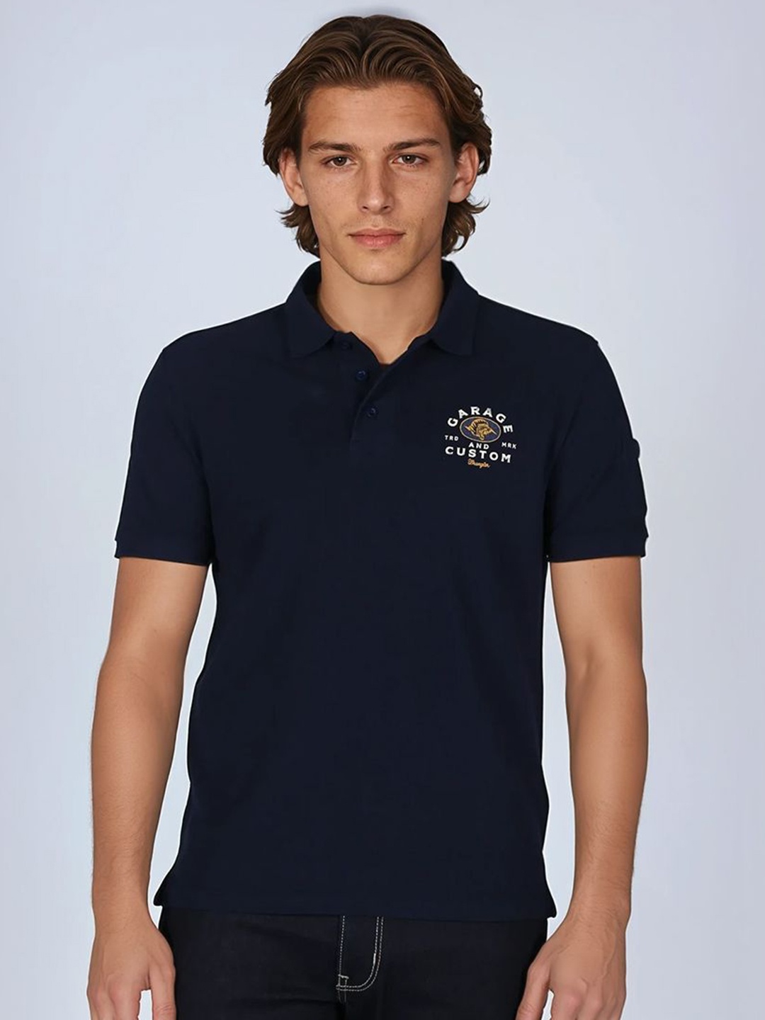 

Wrangler Men Printed Polo Collar Pure Cotton T-shirt, Blue