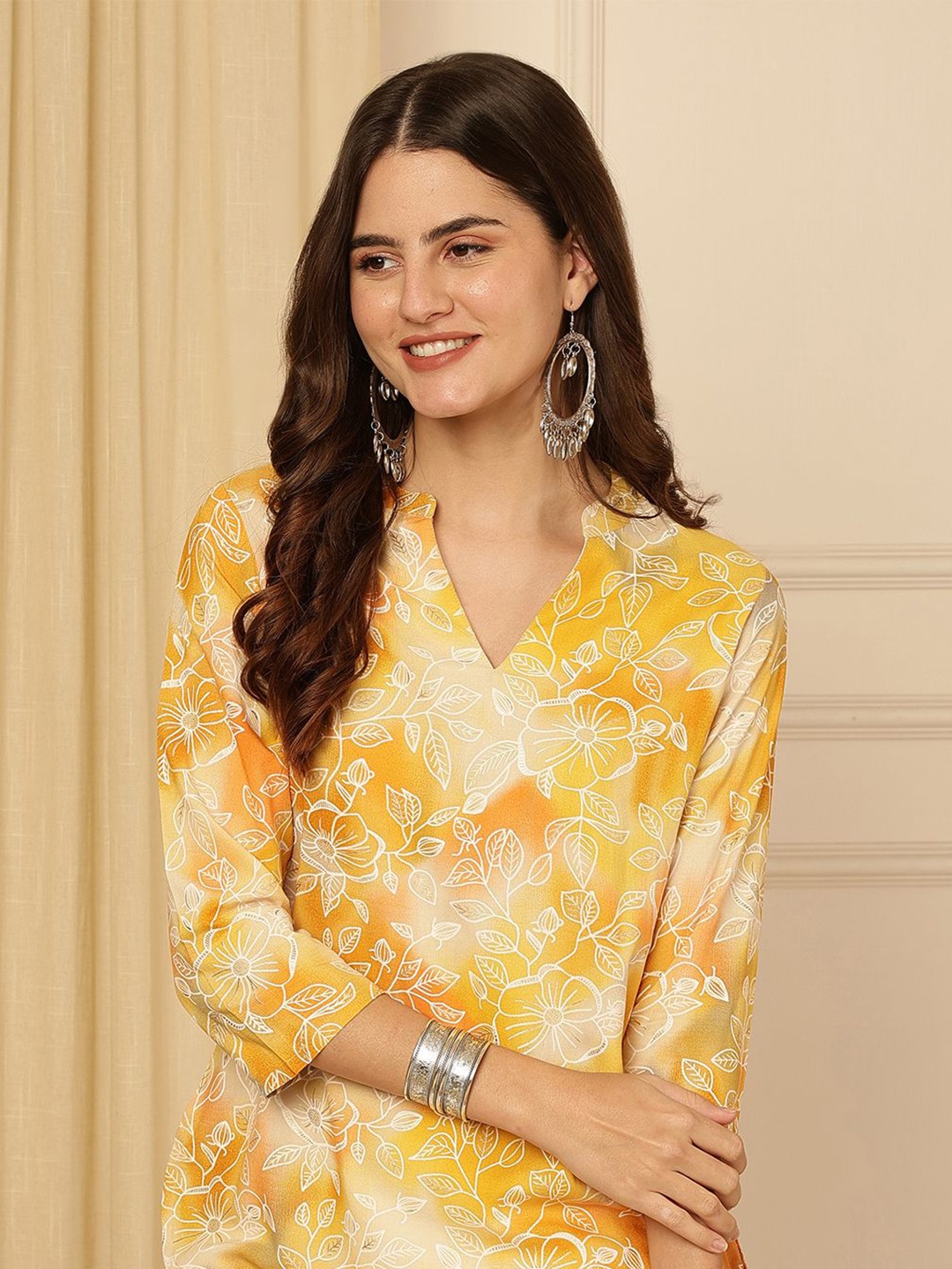 

Anouk Rustic Floral Print Mandarin Collar Shirt Style Top, Multi