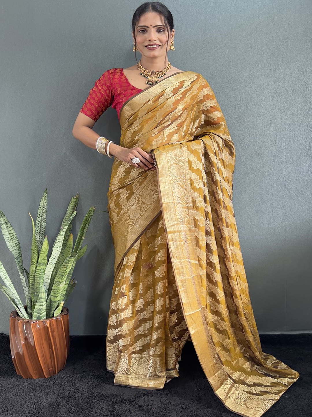 

LeeliPeeri Designer Floral Zari Poly Chiffon Saree, Mustard