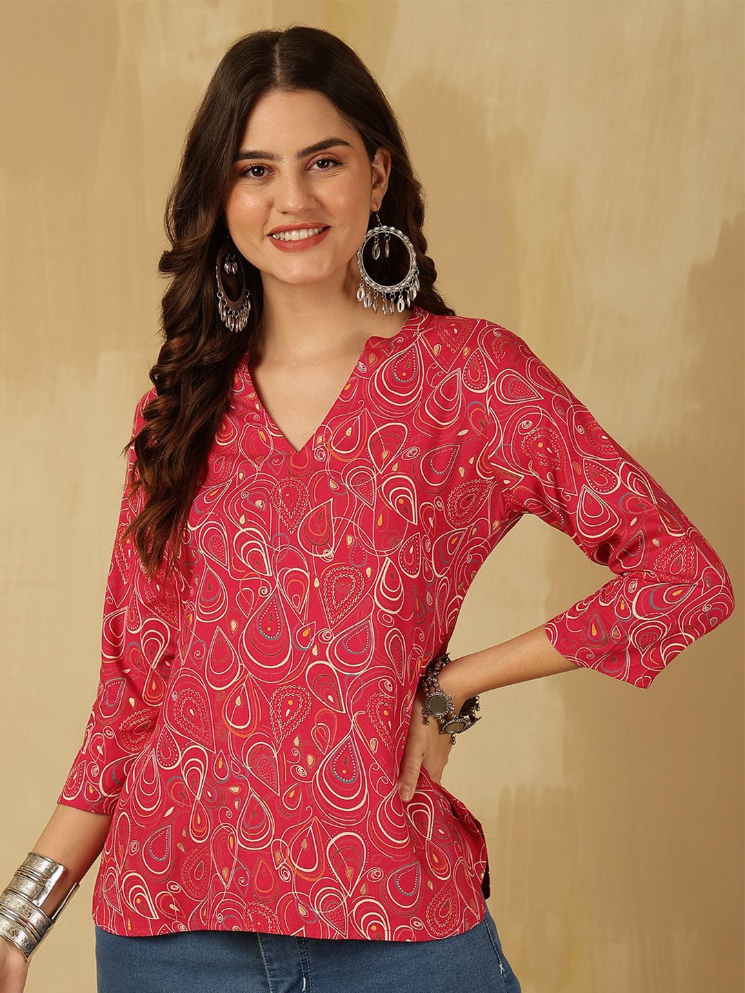 

Anouk Rustic Floral Print Mandarin Collar Top, Fuchsia