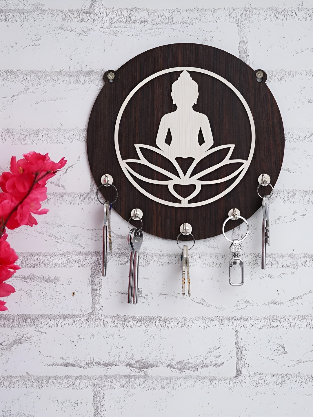 

Webelkart Brown & White 5 Hooks Sitting Gautam Buddha Wooden Key Holder