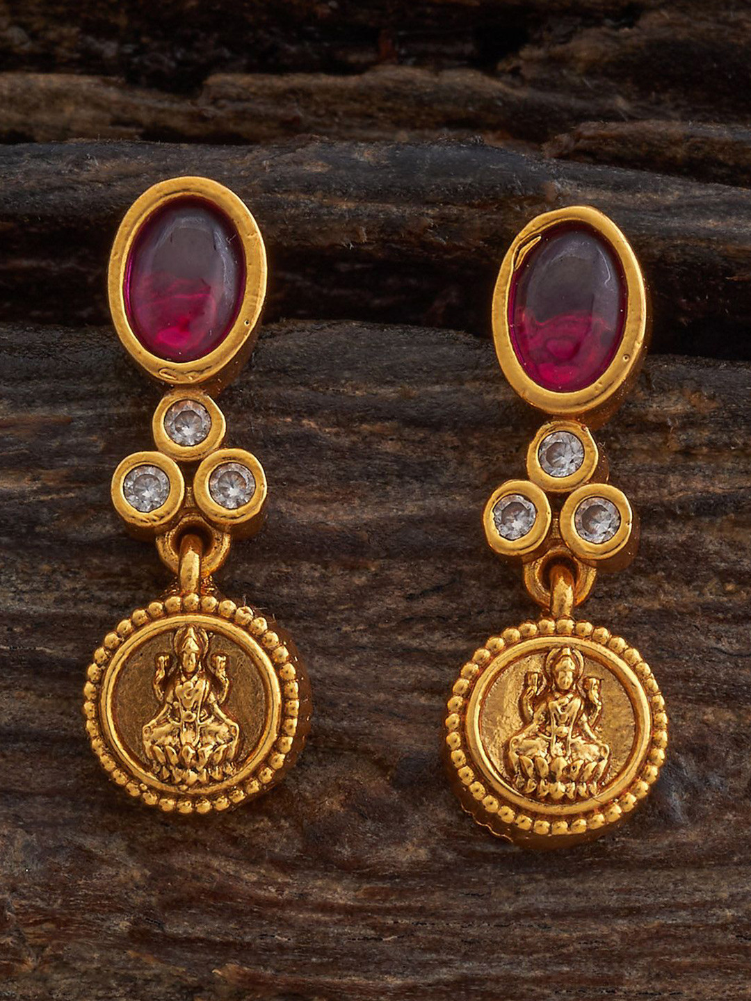 

Kushal's Fashion Jewellery Ruby Gold-Plated Ethnic Antique Oval Drop Earrings
