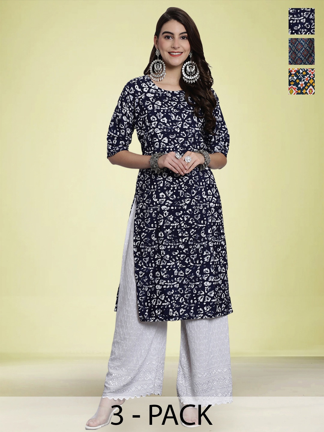 

Moda Rapido Selection Of 3 Floral Printed Round Neck Straight Kurtas, Black
