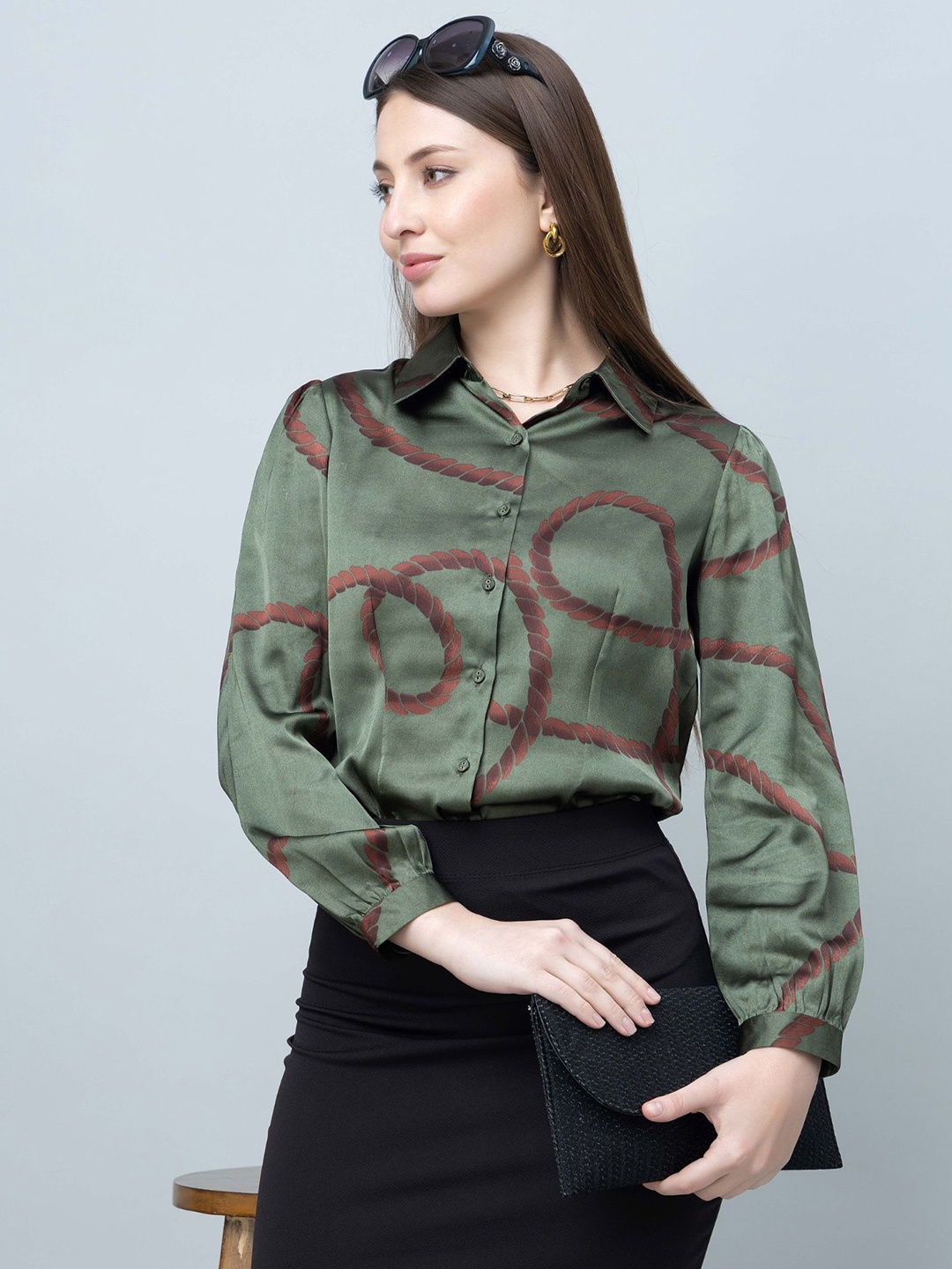 

PURYS WORKSPACE Women Standard Opaque Printed Formal Shirt, Olive