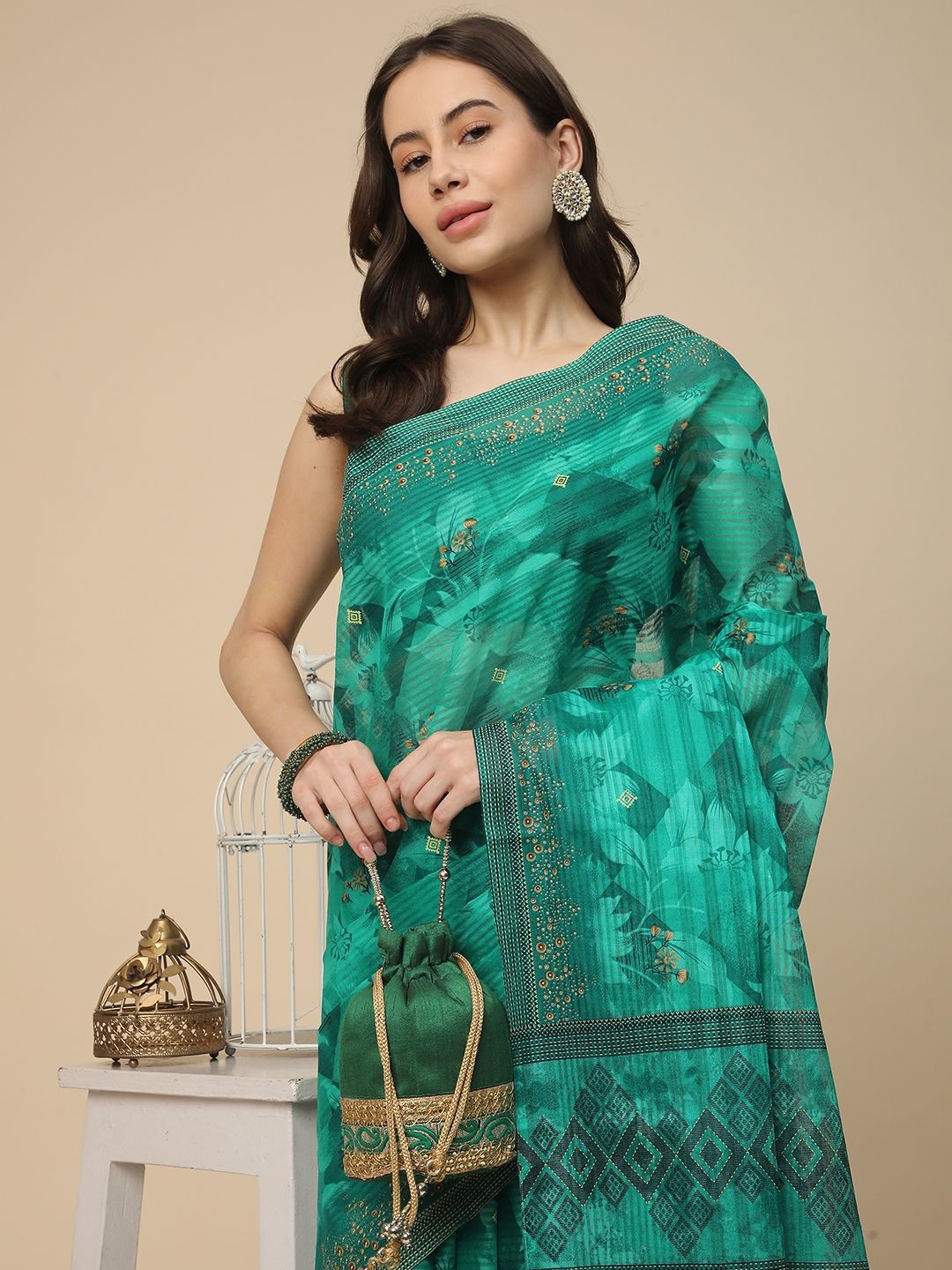 

RATAN Floral Pure Cotton Saree, Green