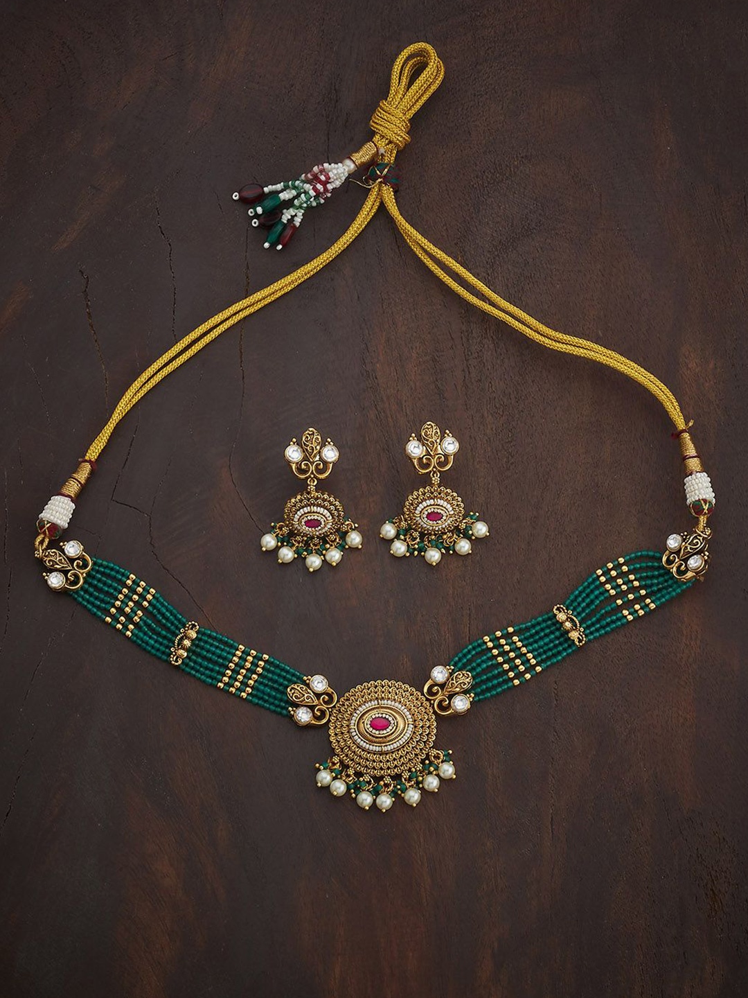 

Kushal's Fashion Jewellery Ruby-Green Gold-Plated Ethnic Antique Jewellery Set