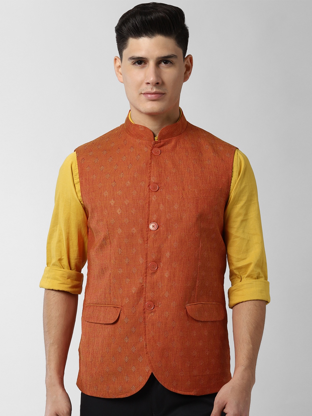 

Peter England Elite Printed Woven Nehru Jacket, Orange