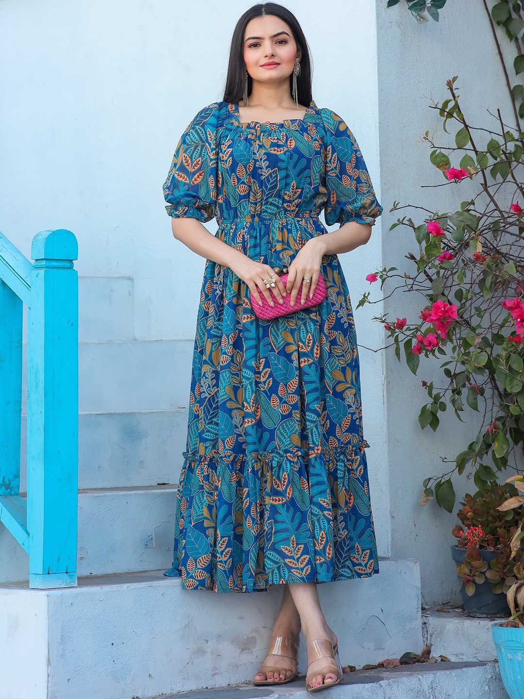 

Raiyani Fashion Floral Print Crepe Fit & Flare Maxi Dress, Blue