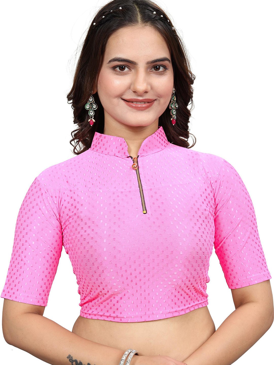 

SS Sanket Synthetics Dobby Textured Zipper Chain Saree Blouse, Pink