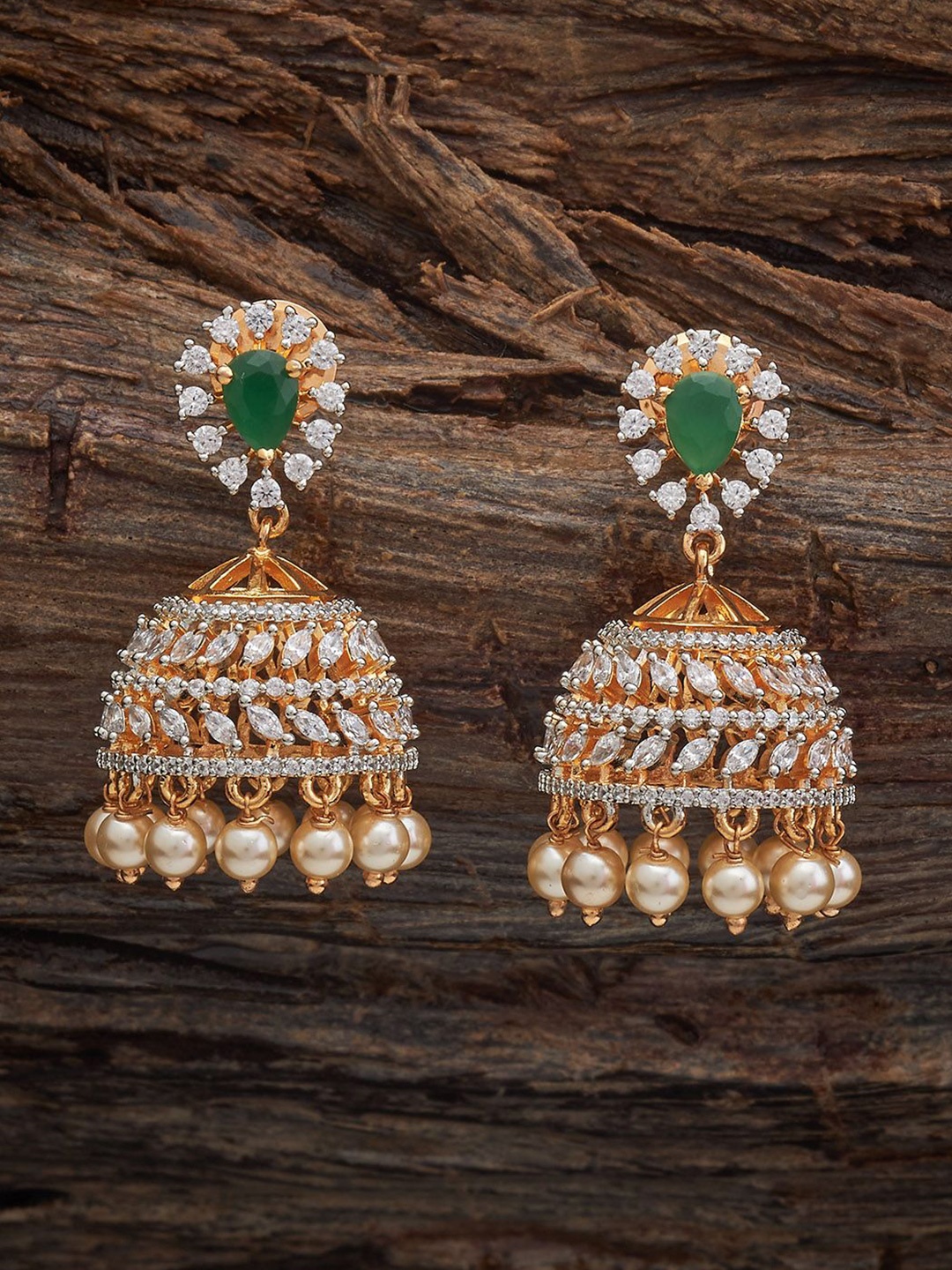 

Kushal's Fashion Jewellery Gold-Plated Dome Shaped Zircon Studded & Beaded Jhumkas