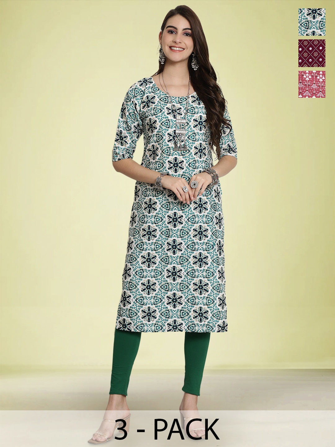 

Moda Rapido Selection Of 3 Floral Printed Round Neck Straight Kurtas, Blue