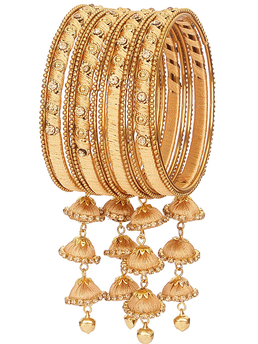 

ZULKA Set Of 12 Gold-Plated Metal With Silk Thread Latkan & Stone Studded Bangles