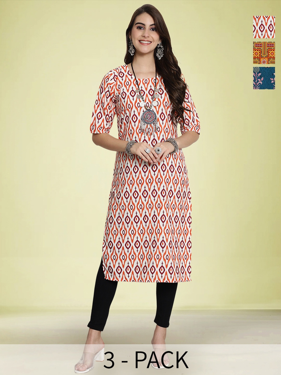 

Moda Rapido Selection Of 3 Geometric Printed Round Neck Straight Kurta, White