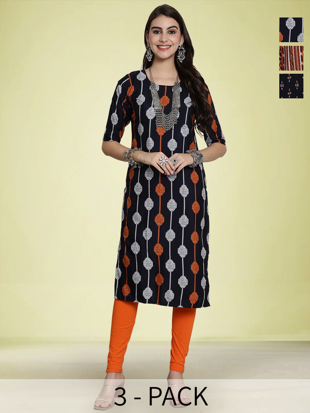 

Moda Rapido Selection Of 3 Geometric Printed Round Neck Straight Kurtas, Black