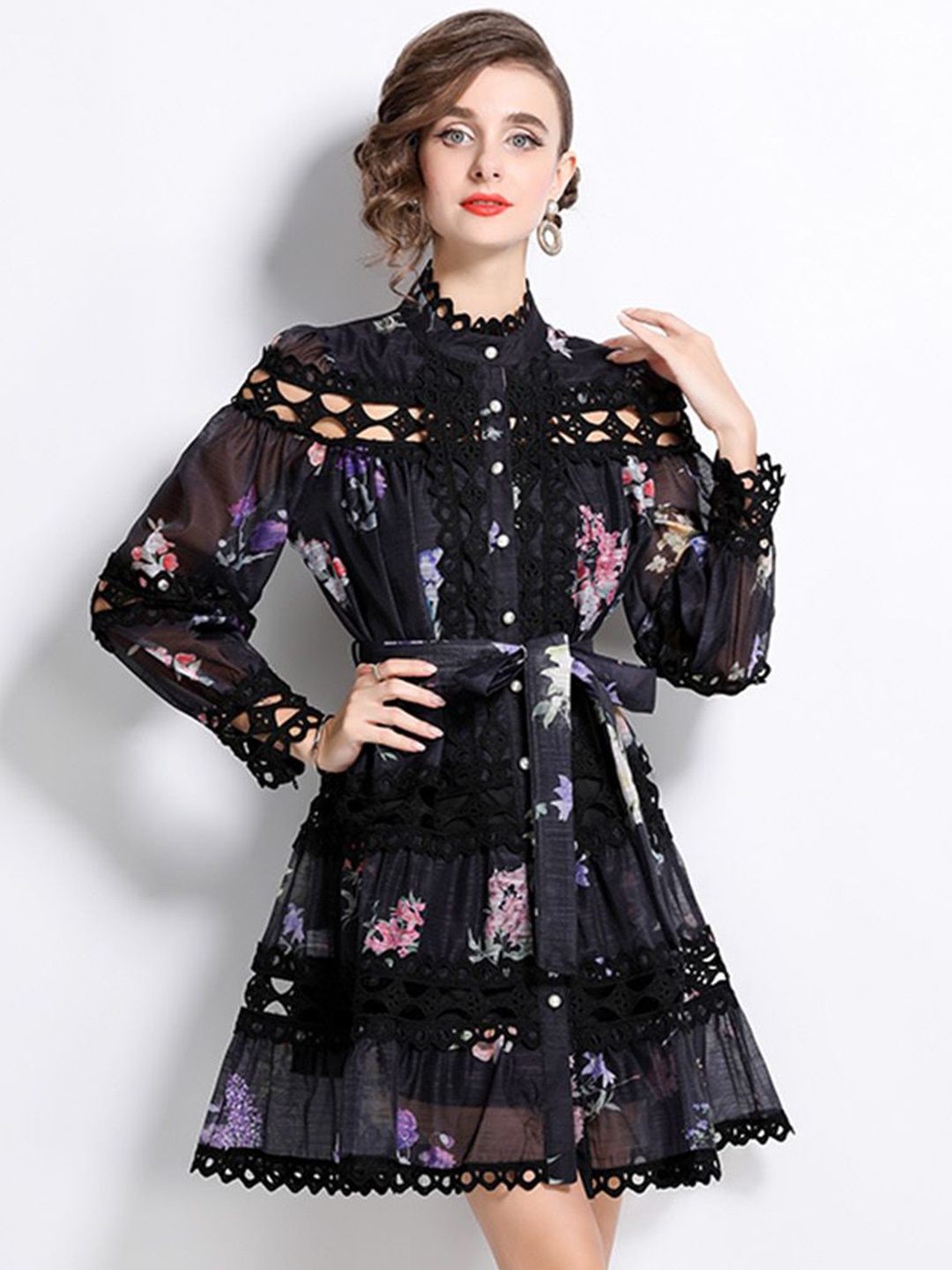 

JC Collection Floral Print Fit & Flare Mini Dress, Black