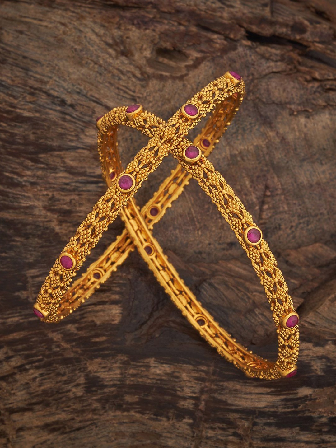 

Kushal's Fashion Jewellery Ruby Gold-Plated Ethnic Antique Bangles