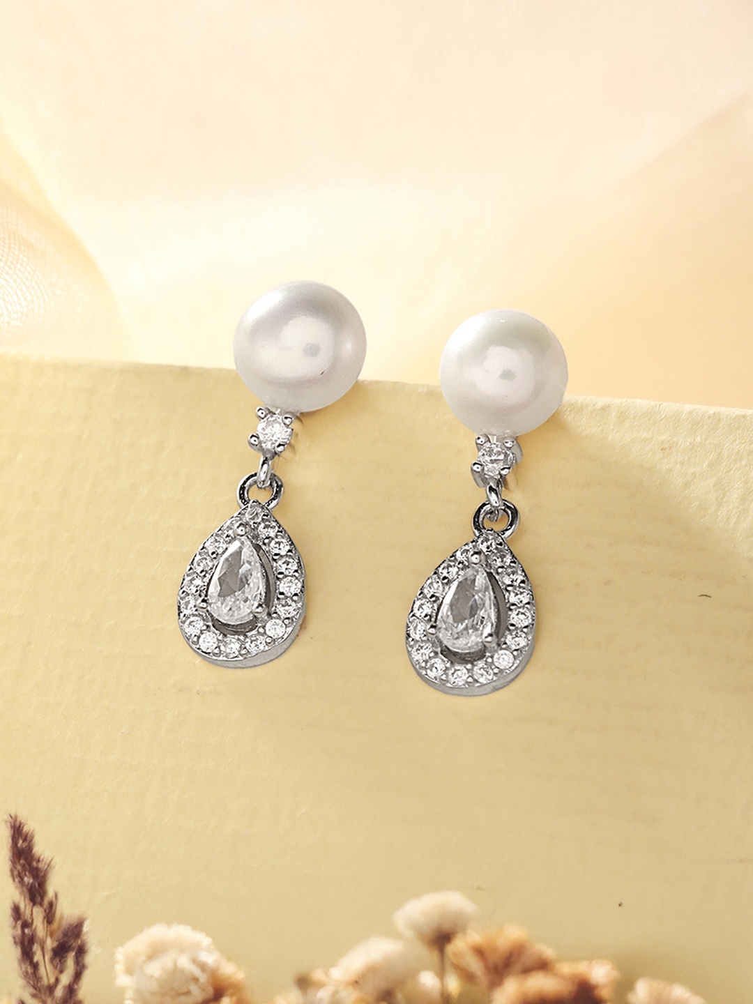 

SARAF SILVERETZ 925 Sterling Silver-Plated Zircon Studded Pearls Beaded Drop Earrings