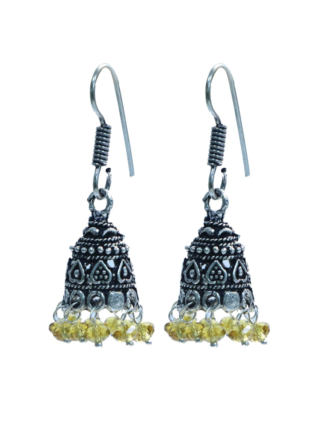 

Abhooshan Silver-Plated Artificial Beaded Oxidised Dome Shaped Jhumkas, Yellow