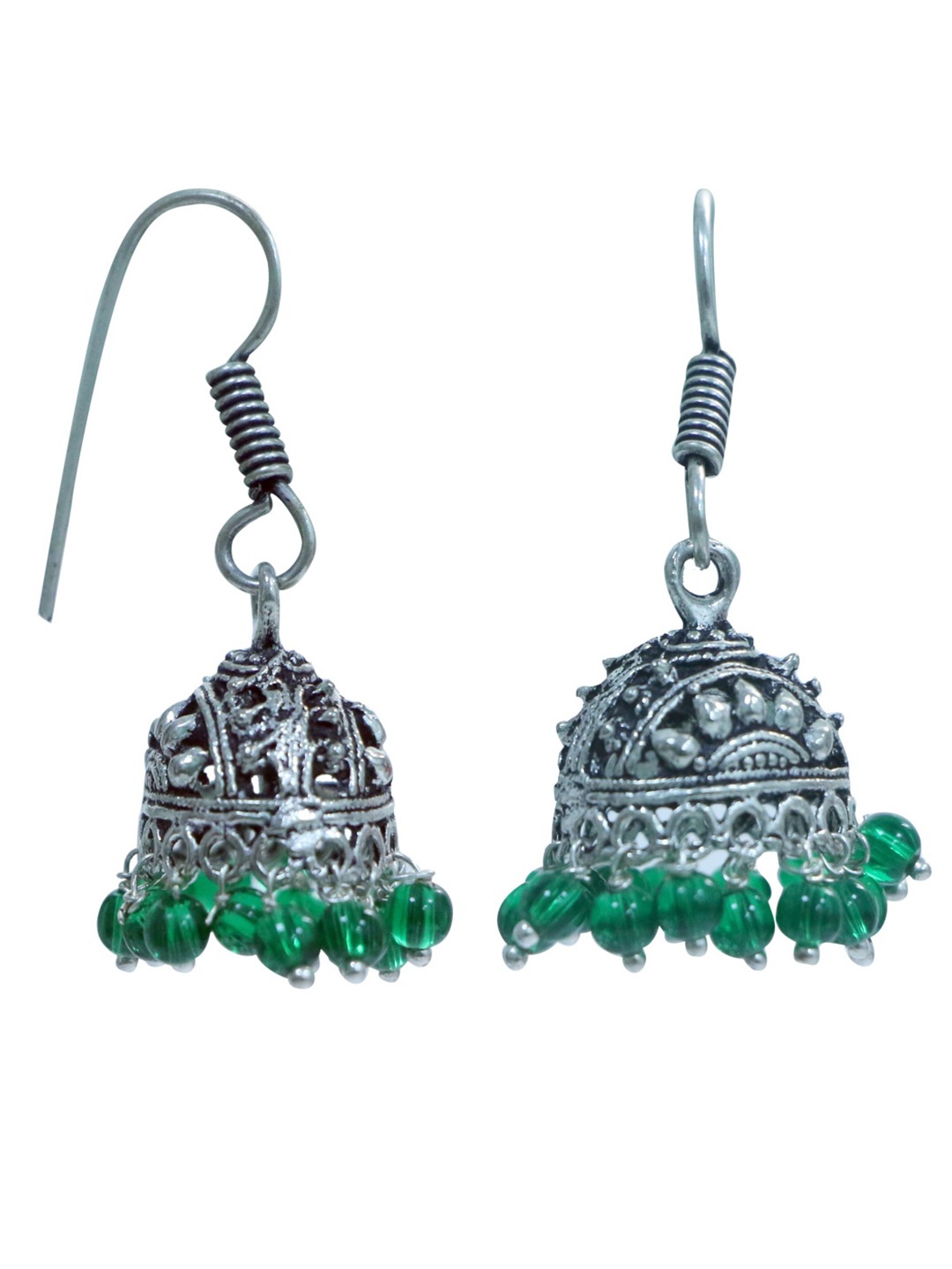 

Abhooshan Silver-Plated Artificial Beaded Oxidised Dome Shaped Jhumkas, Green