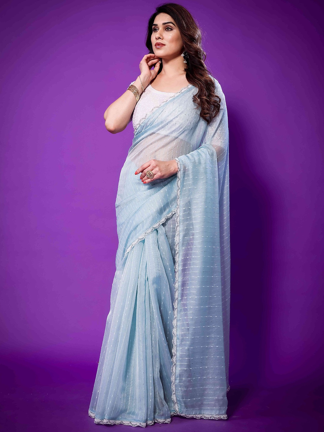 

PEENGAX Striped Embroidered Tissue Chanderi Saree, Blue