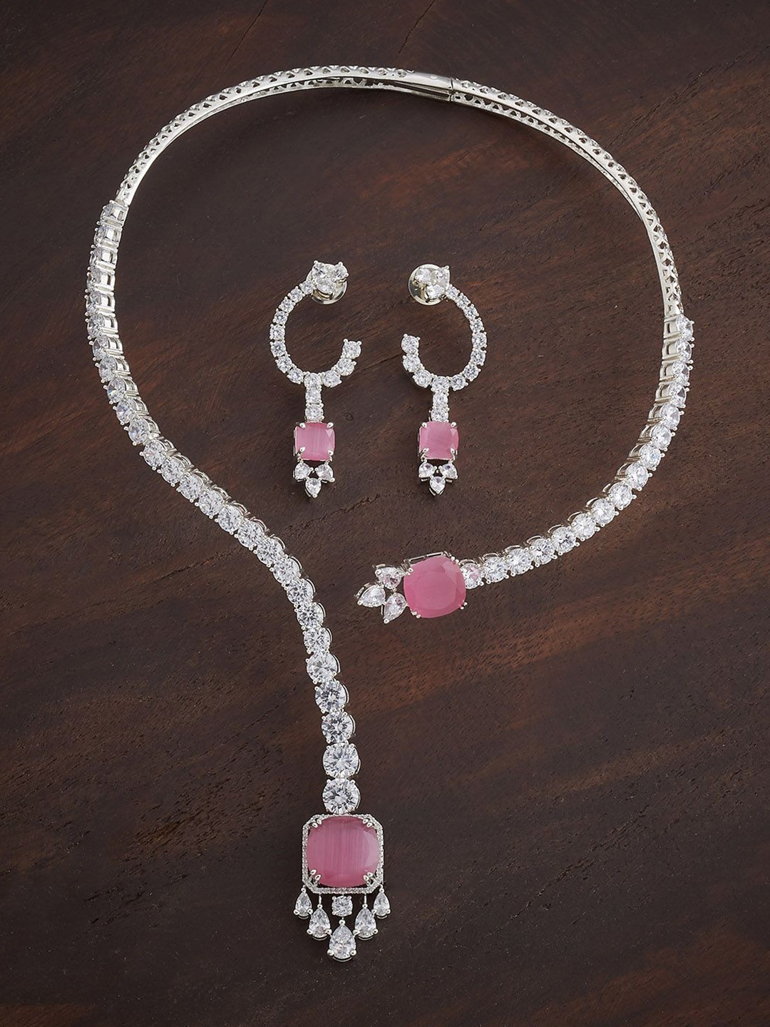 

Kushal's Fashion Jewellery Pink Rhodium-Plated Party Zircon Jewellery Set, Silver