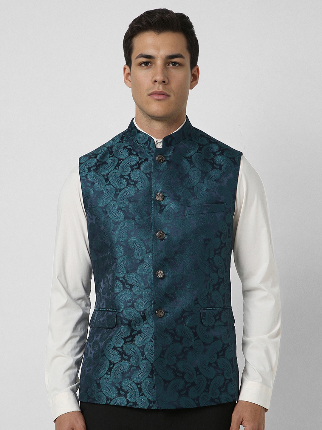 

Van Heusen Printed Woven Nehru Jacket, Navy blue