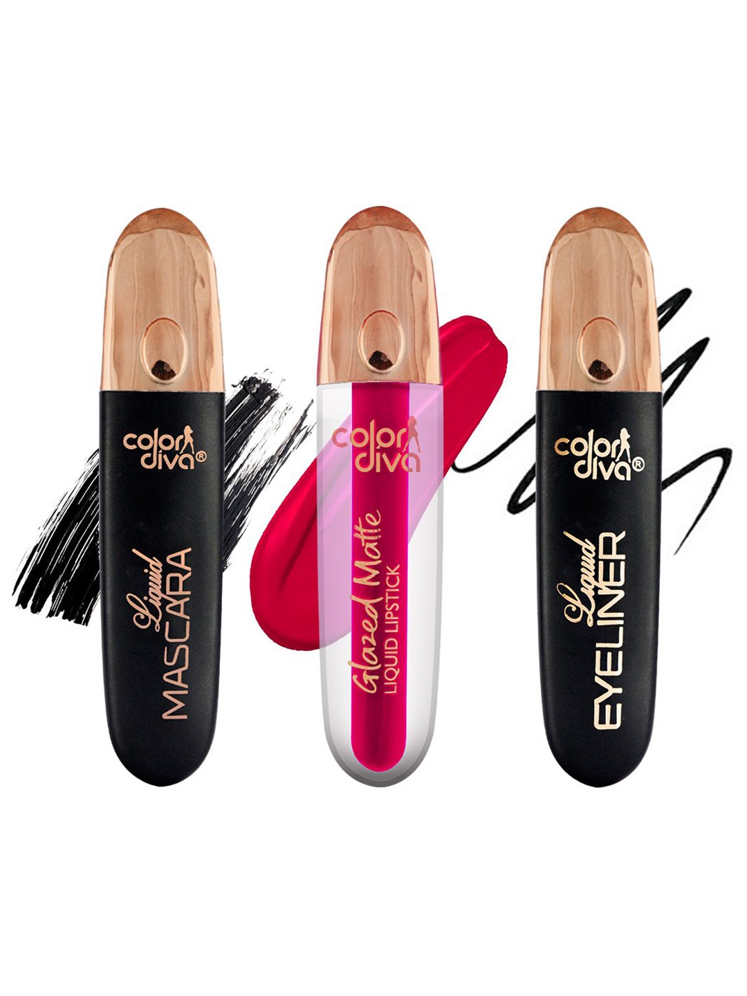

Color Diva Set Of 3 Liquid Eyeliner & Mascara & Glazed Matte Liquid Lipstick - 10 ml Each, Black