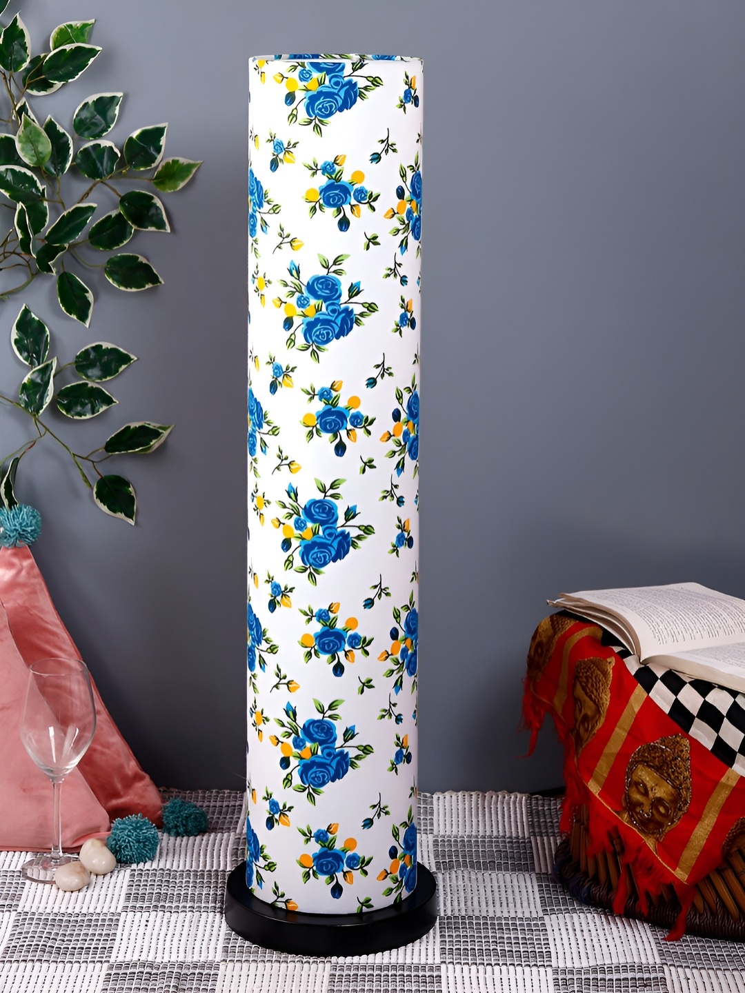 

Devansh White & Blue Cylinder Shaped Floral Printed Wooden Floor Lamp