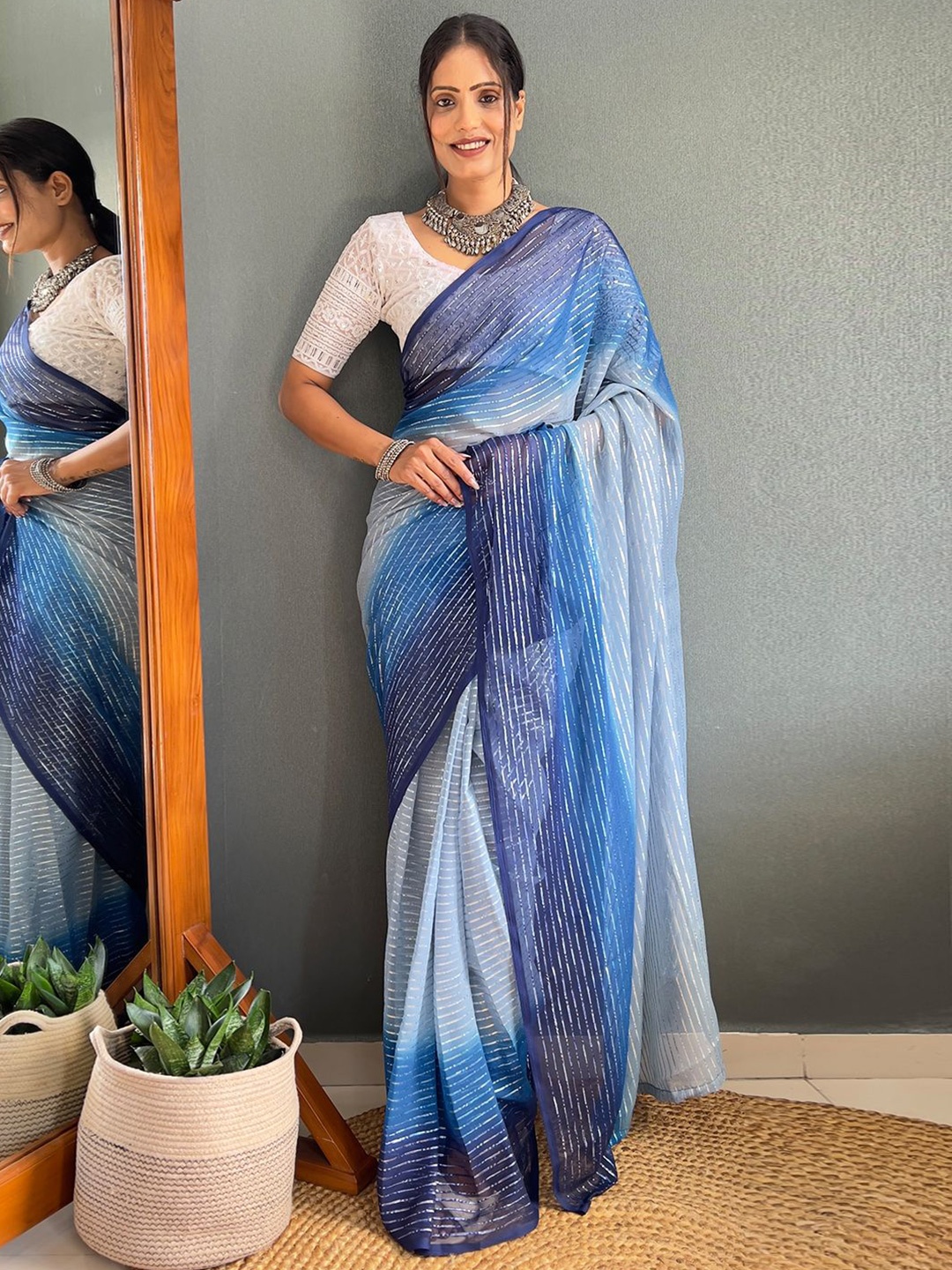 

LeeliPeeri Designer Striped Zari Poly Chiffon Ready to Wear Saree, Blue