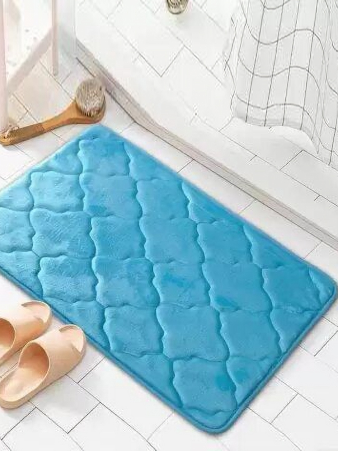 

FAVRIA Turquoise Blue Cushioned Velvet 1000 GSM Anti Slip Water Absorbent Bath Rug