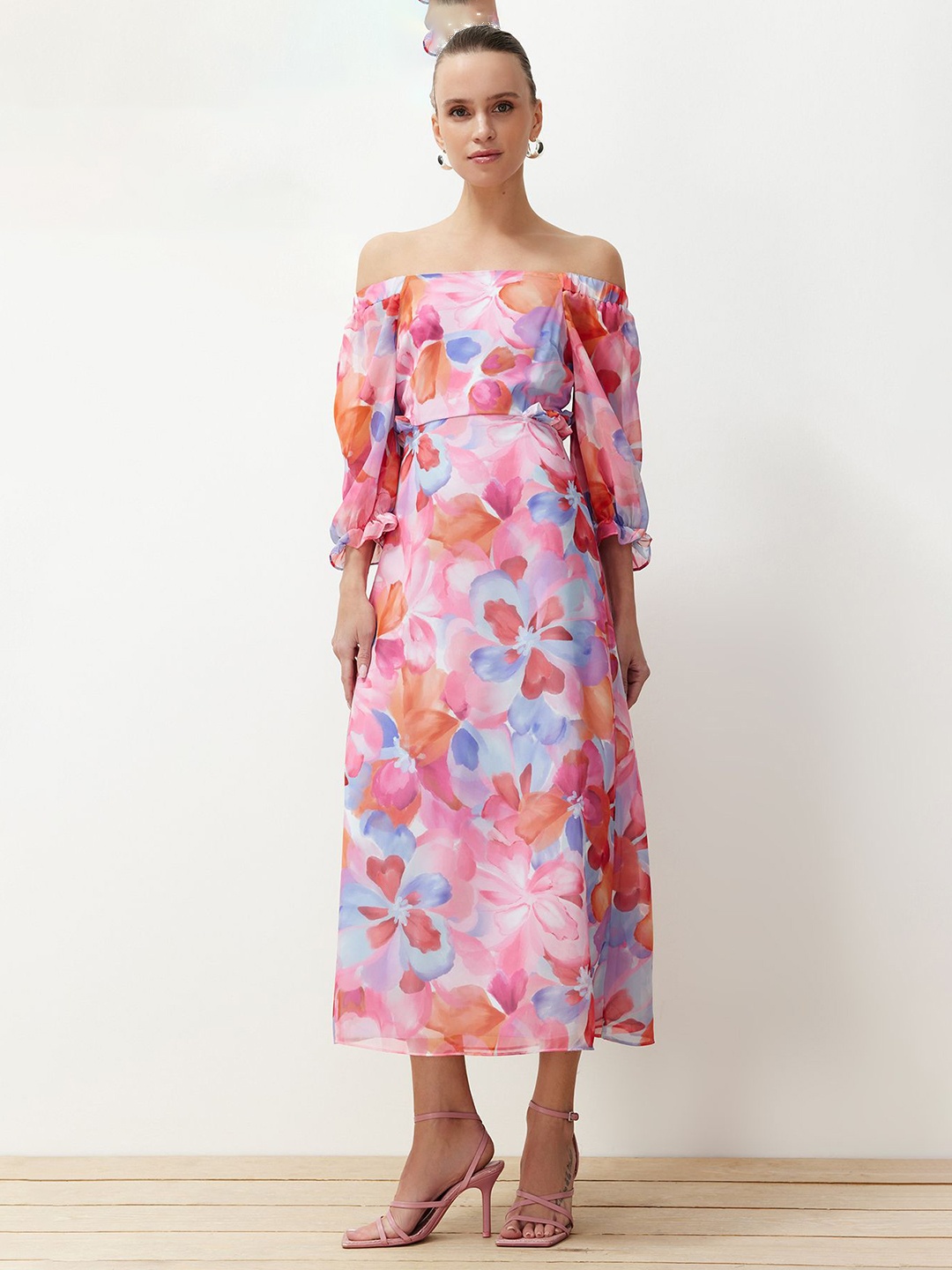 

Trendyol Floral Print Off-Shoulder A-Line Midi Dress, Na