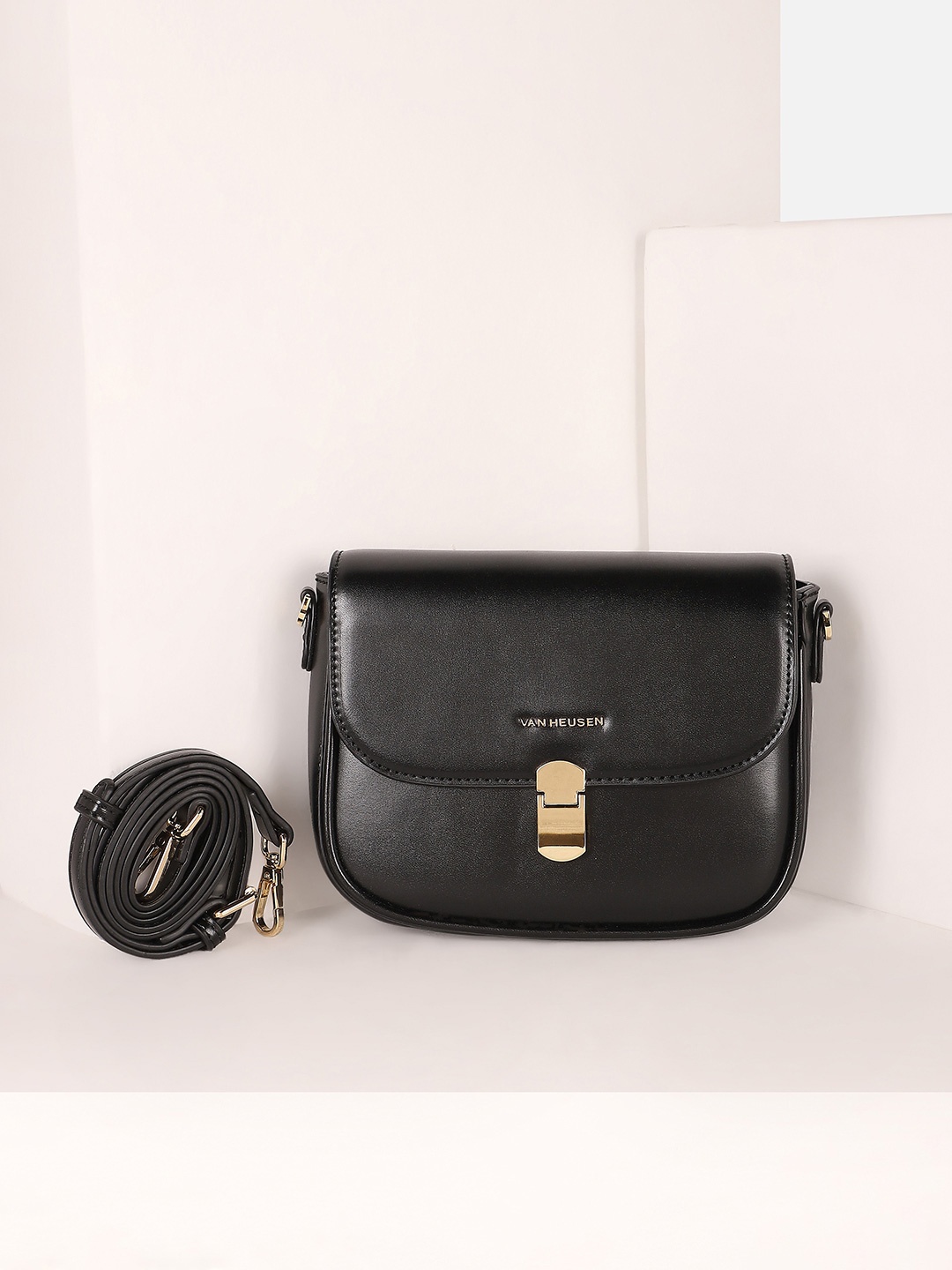 

Van Heusen Woman Printed PU Structured Sling Bag, Black