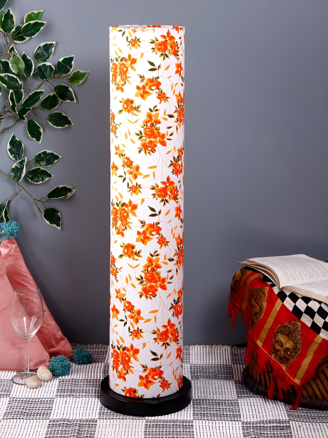 

Devansh White & Orange Cylinder Shaped Floral Printed Wooden Floor Lamps