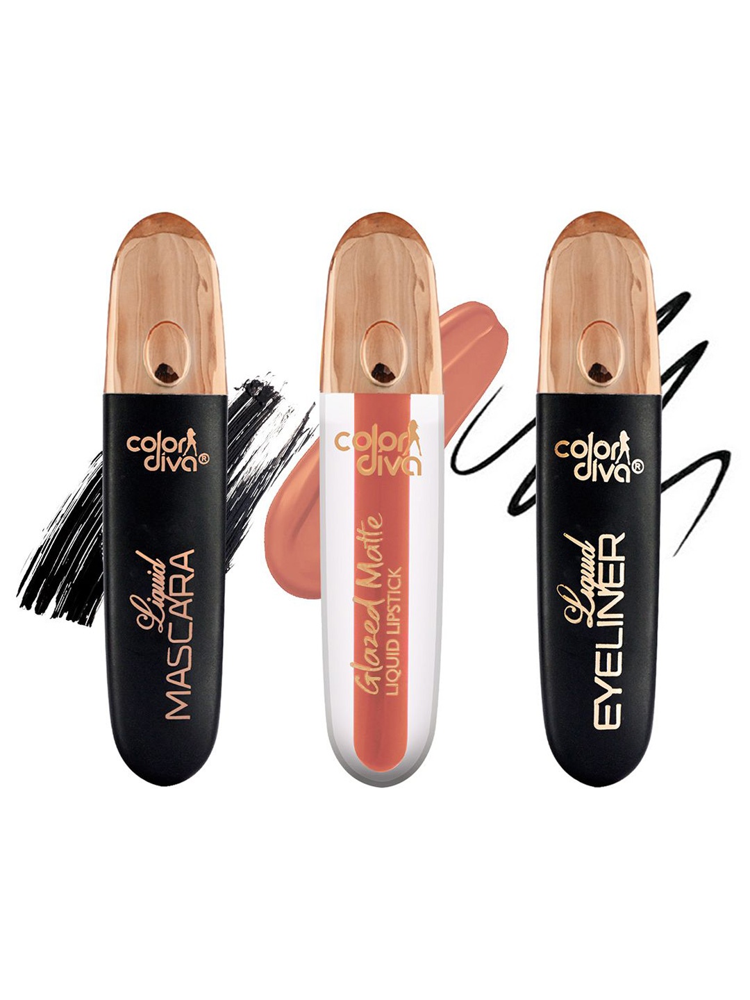 

Color Diva Set Of Liquid Eyeliner & Mascara & Glazed Matte Liquid Lipstick - 10 ml Each, Peach