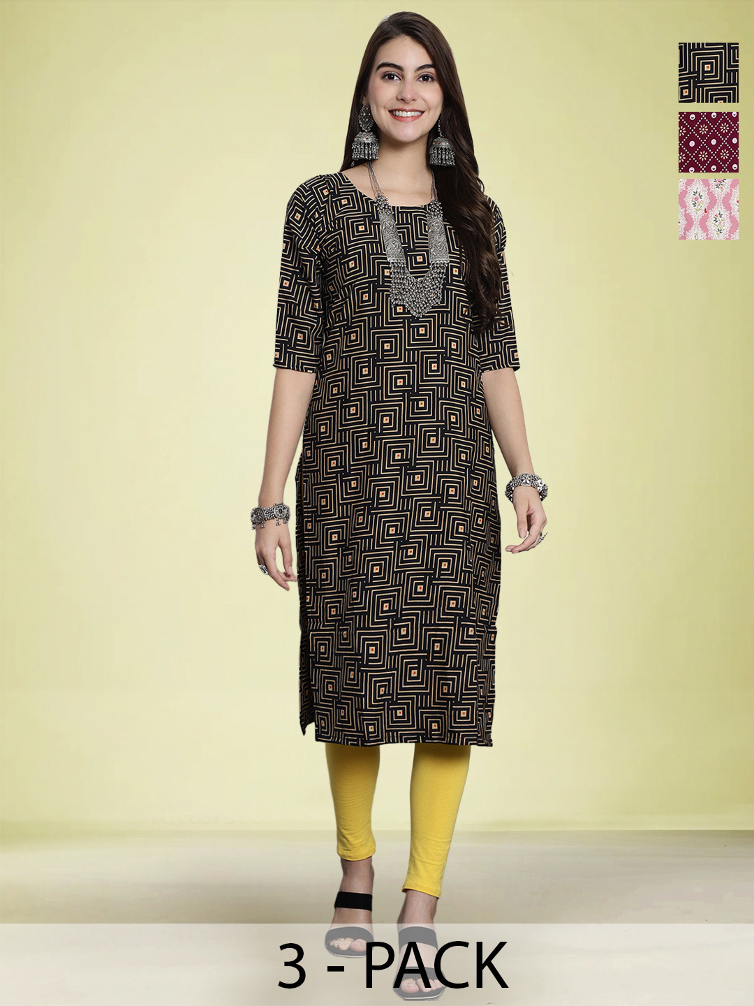 

Moda Rapido Selection Of 3 Geometric Printed Round Neck Straight Kurtas, Black