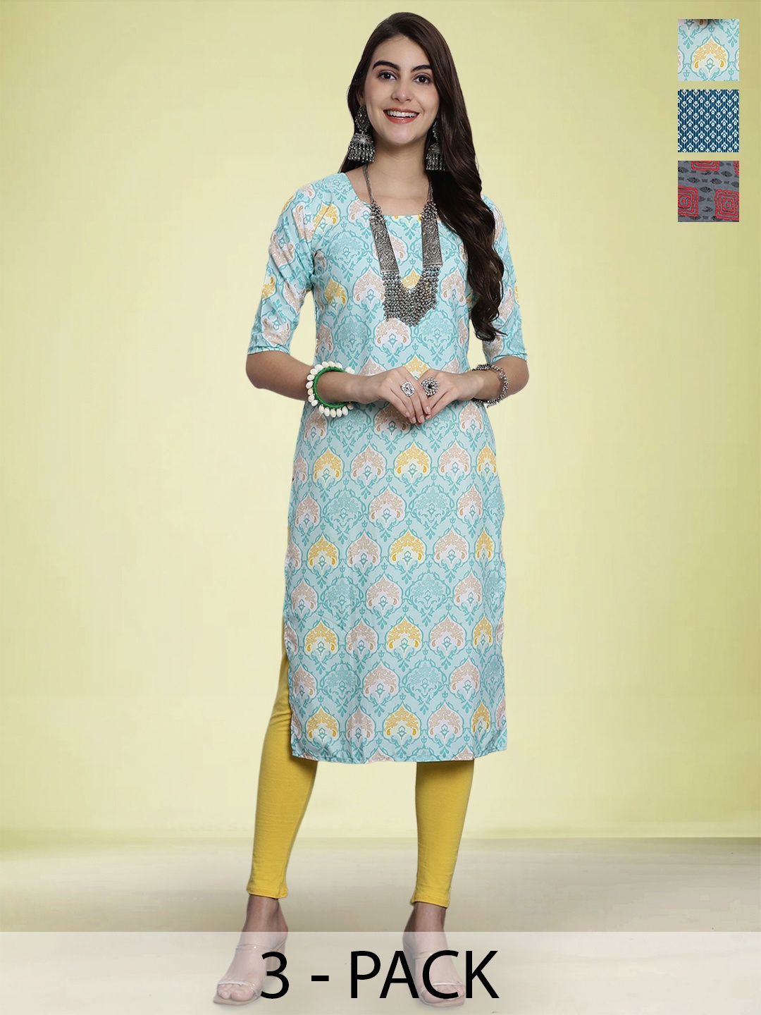 

Moda Rapido Selection Of 3 Floral Printed Round Neck Straight Kurta, Blue