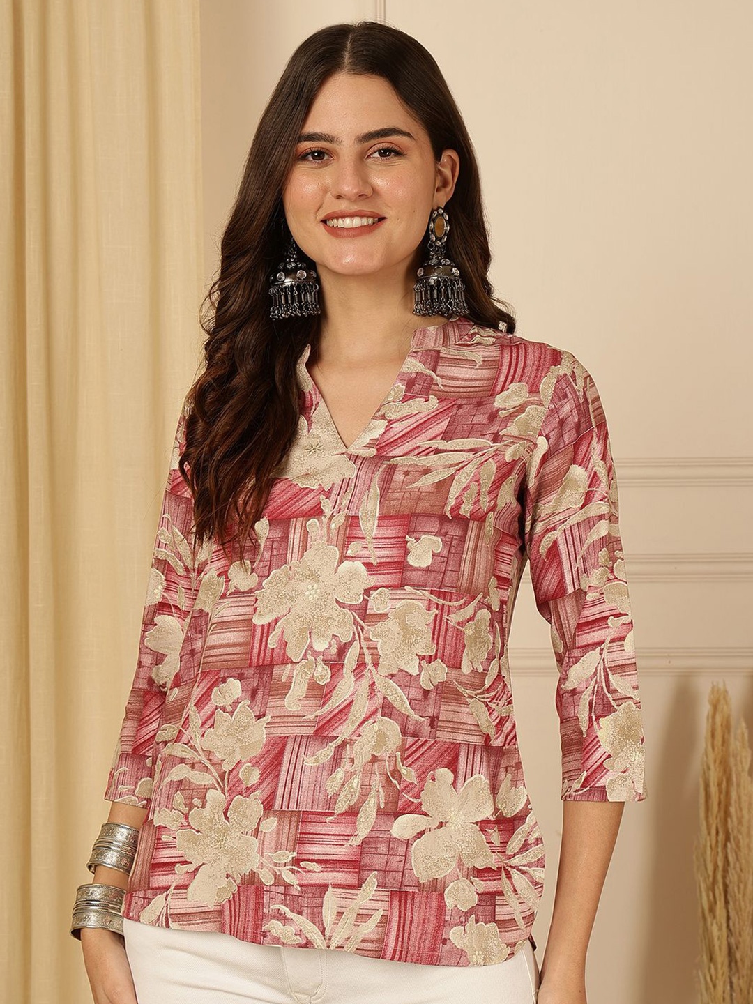 

Anouk Rustic Floral Print Mandarin Collar Top, Multi