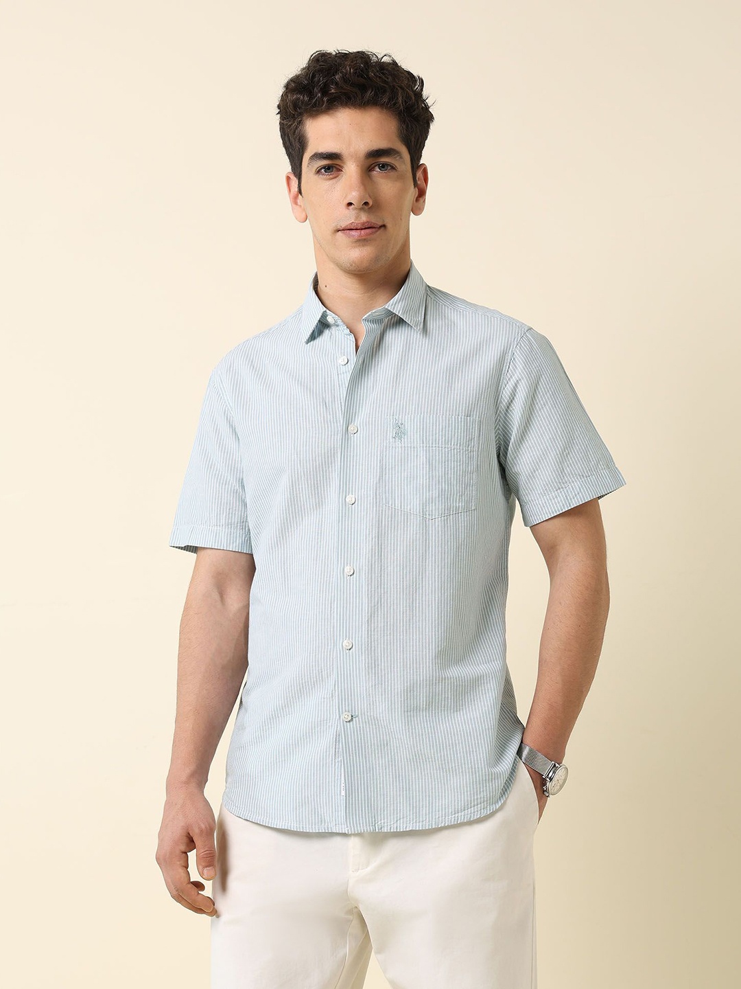 

U.S. Polo Assn. Men Classic Tailored Fit Opaque Striped Casual Shirt, Green