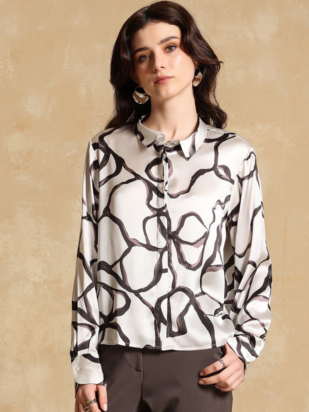 

Kazo Women Opaque Printed Formal Shirt, Brown
