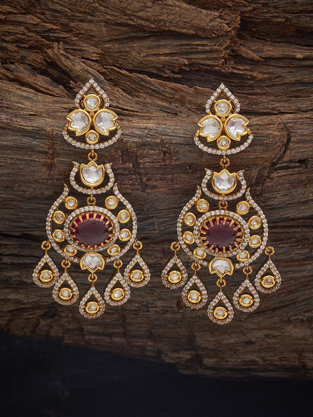 

Kushal's Fashion Jewellery Ruby Victorian-Plated Kundan Teardrop Shaped Drop Earrings, Gold
