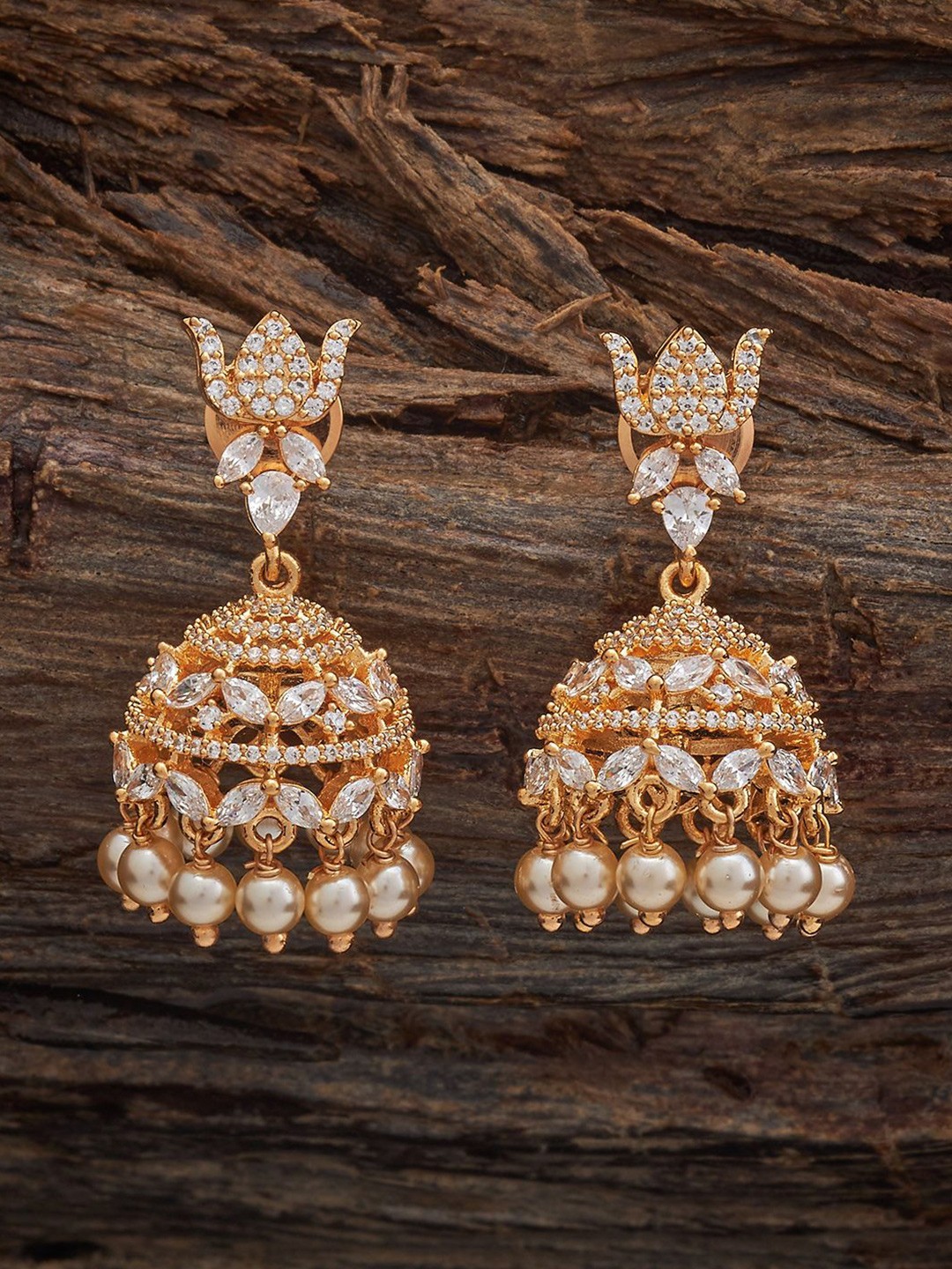 

Kushal's Fashion Jewellery Gold-Plated Dome Shaped Zircon Studded Jhumkas