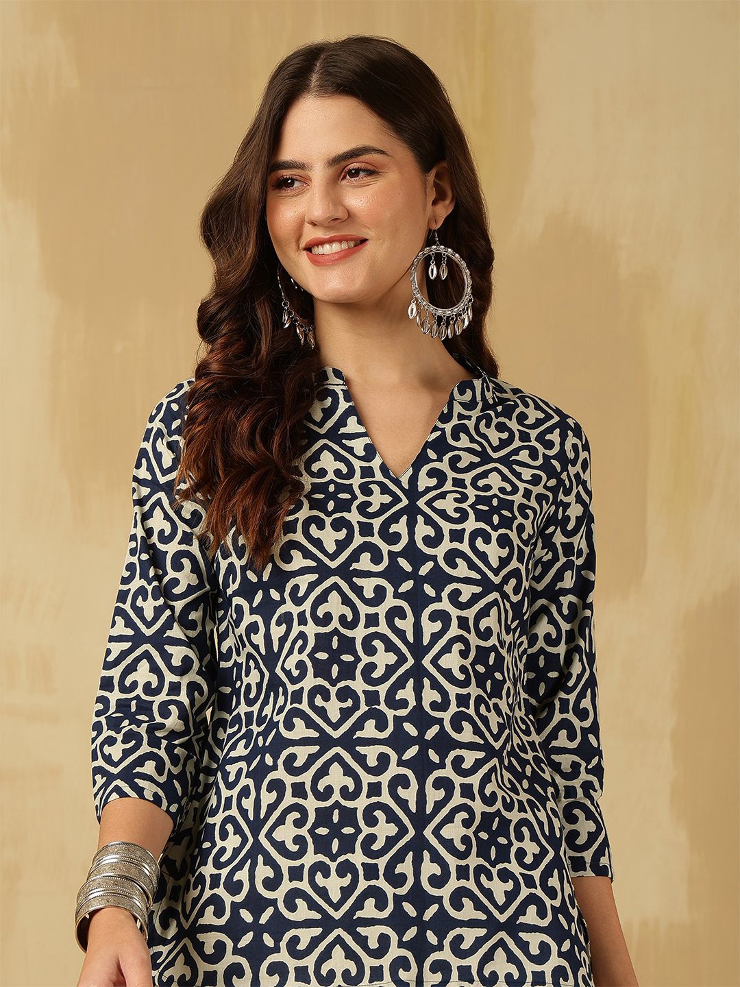 

Anouk Rustic Floral Print Mandarin Collar Cotton Top, Blue