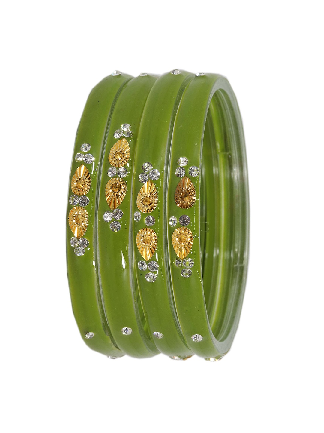 

ZULKA Set Of 4 Glass with Zircon Gemstone and Beads Studded Glossy Kada Bangles, Green