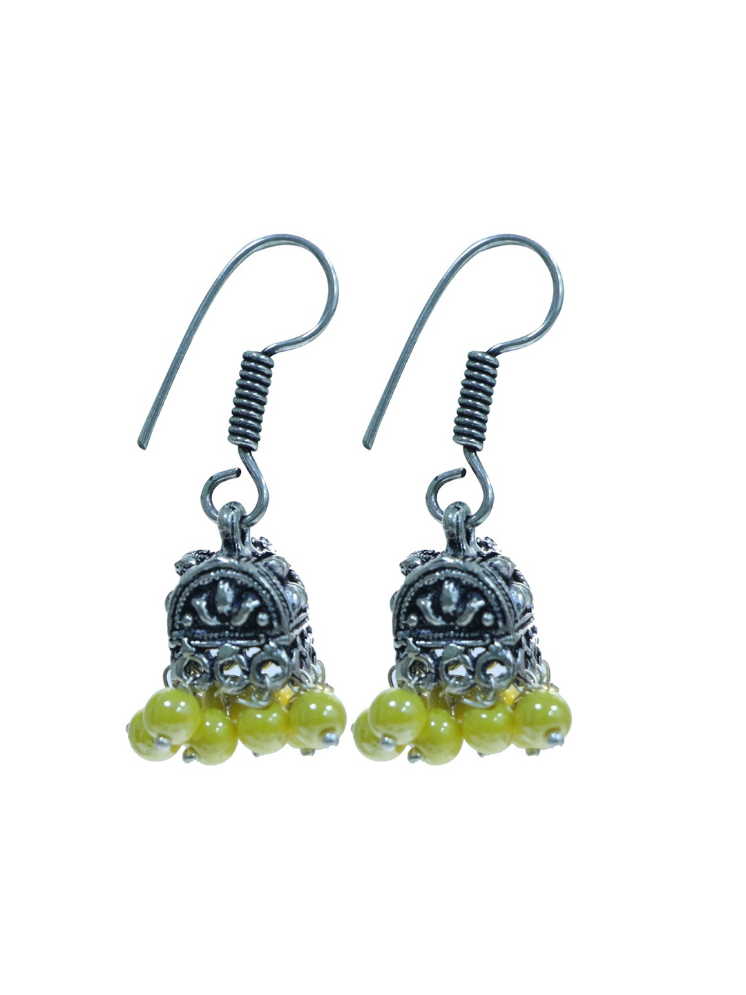 

Abhooshan Silver-Plated Artificial Beaded Oxidised Dome Shaped Jhumkas, Yellow