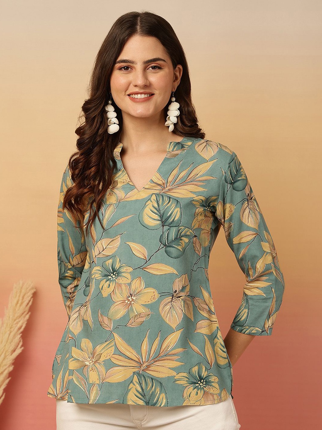 

Anouk Rustic Floral Print Mandarin Collar Top, Sea green