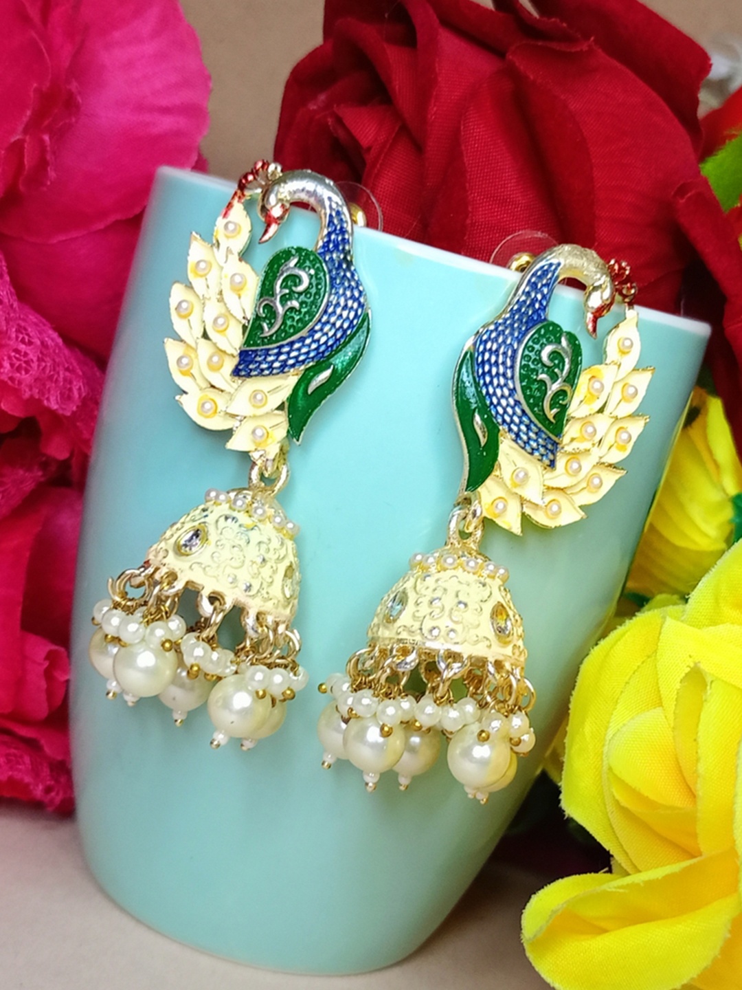 

DIVASTRI Gold-Plated Artificial Beads Peacock Shaped Jhumkas Earrings, White