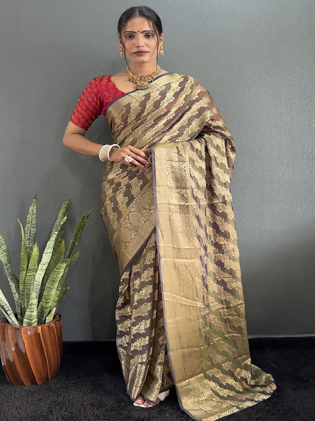 

LeeliPeeri Designer Woven Design Zari Poly Chiffon Ready to Wear Saree, Beige